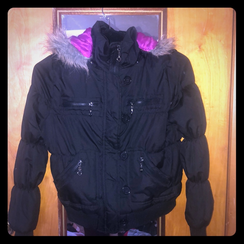 Black coat with fur hood